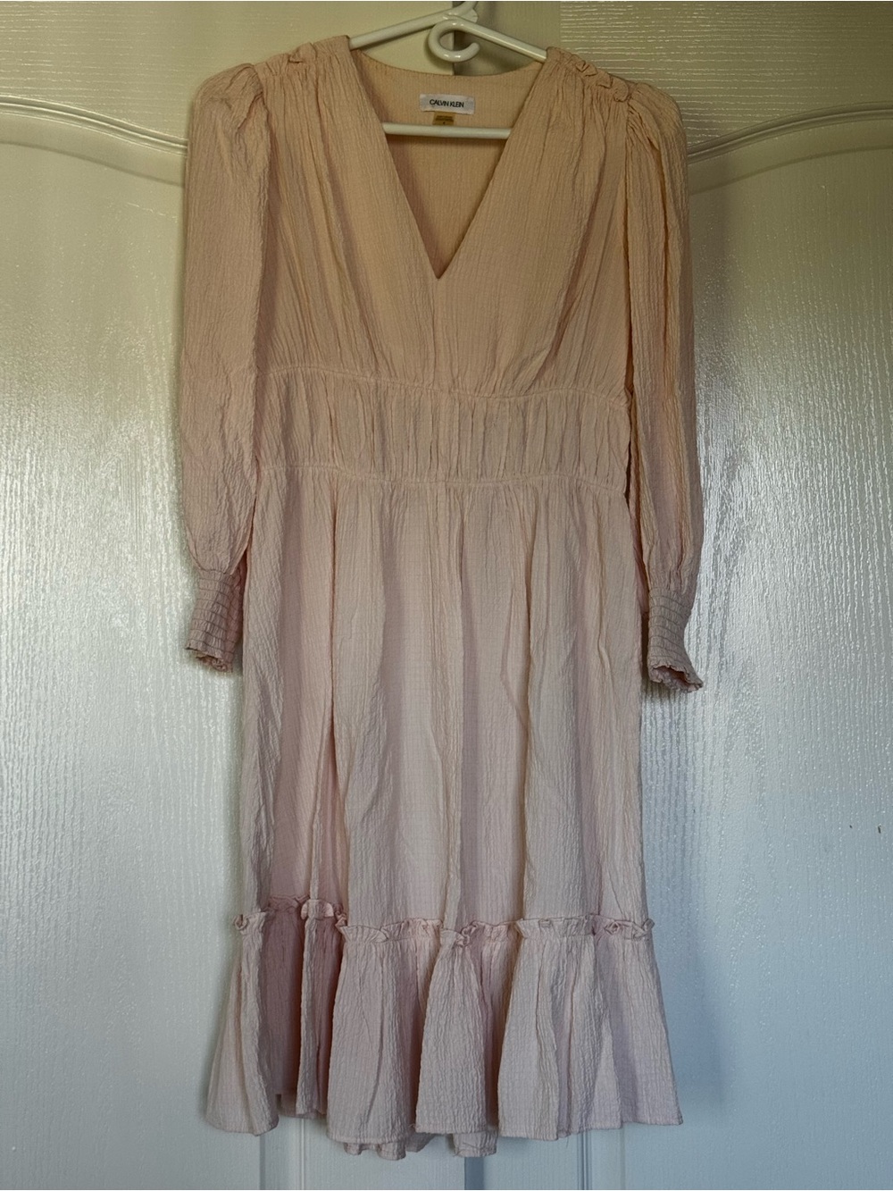 Calvin Klein Pale Pink V-Neck Long Sleeve Midi Dress